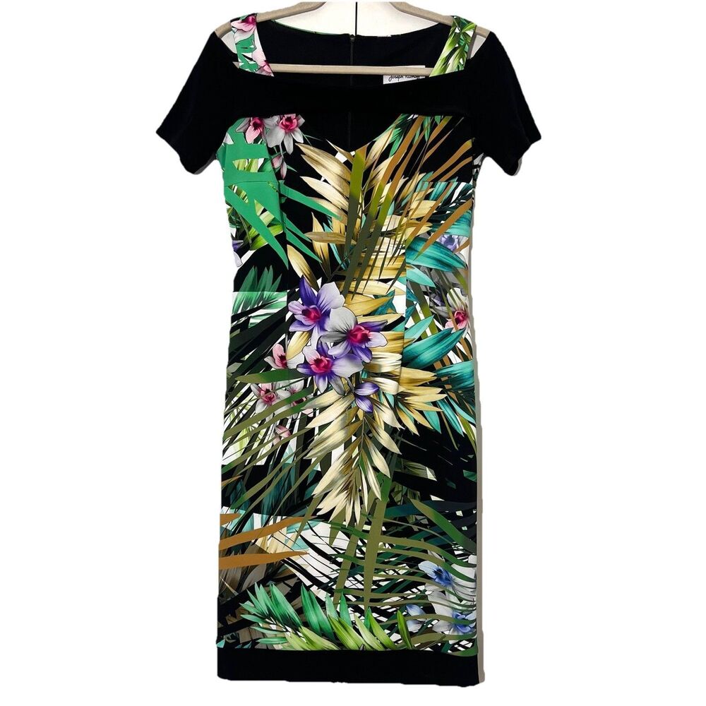 Joseph Ribkoff Pencil Dress Size 6 Floral Short Sleeve Tropical Artsy Event Gues